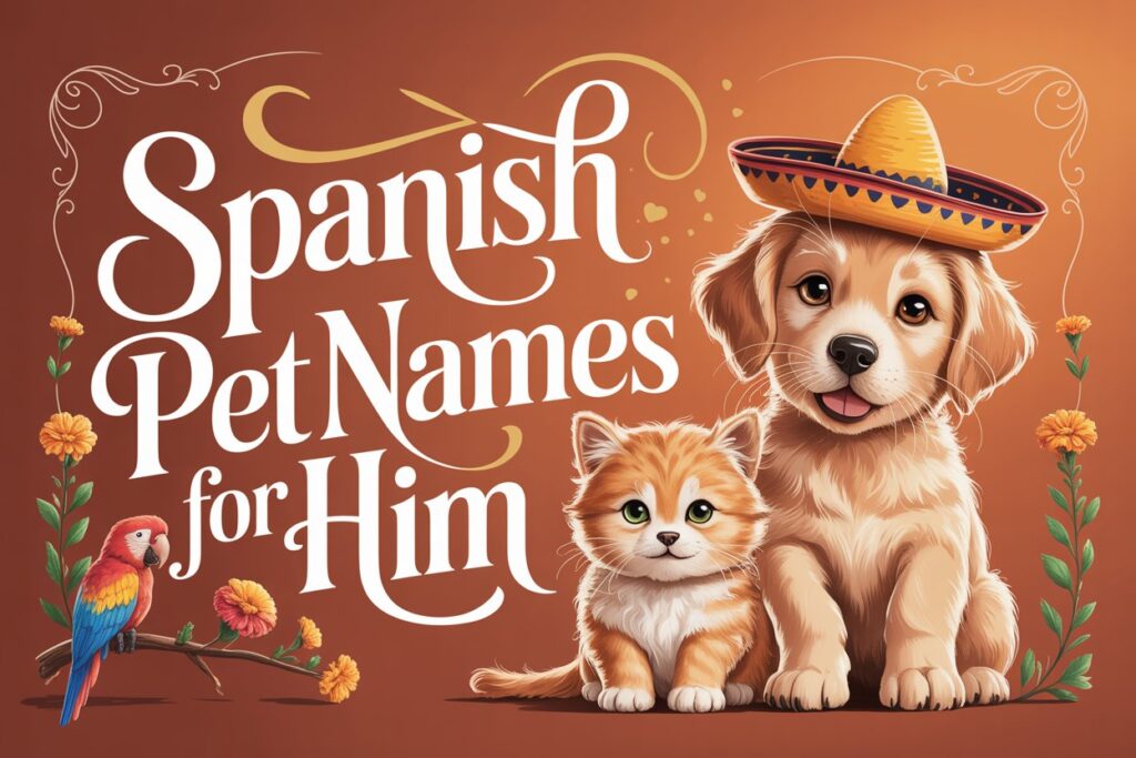 Give me a picture where it should be written “Spanish Pet Names for Him ” Beautifully for https://pawnamesy.blessingszee.com/ rich it with unique beautiful images