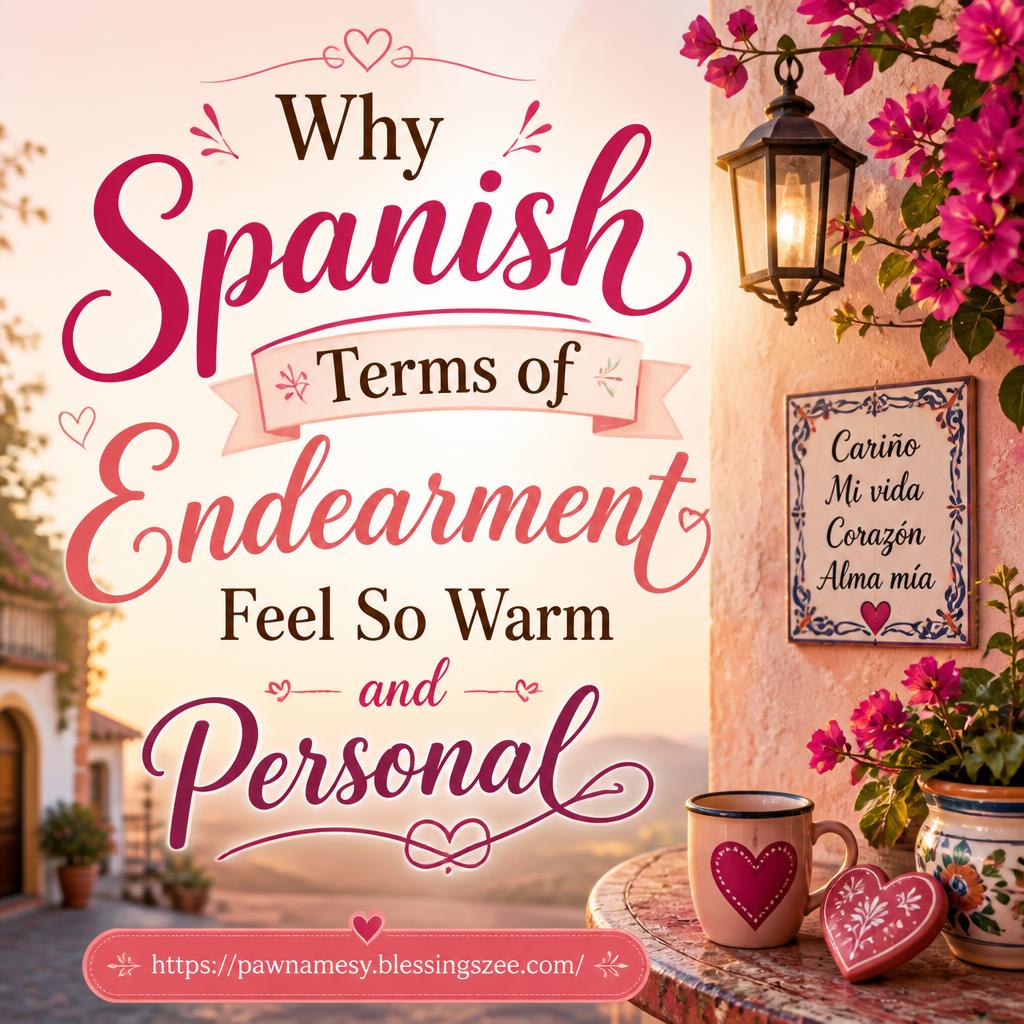 Give me a picture where it should be written “Why Spanish Terms of Endearment Feel So Warm and Personal ” Beautifully for https://pawnamesy.blessingszee.com/ use pretty colours and images to make it amazing