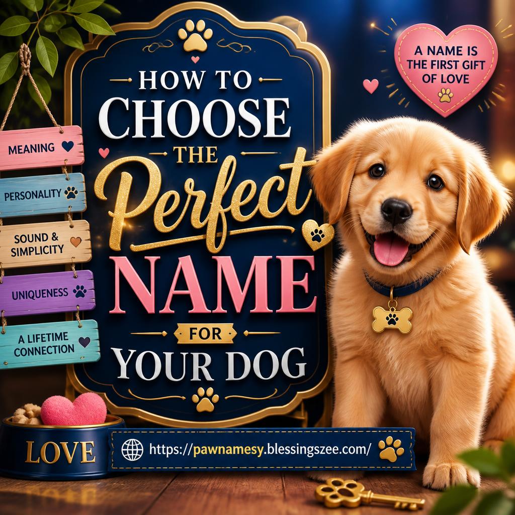 Give me a picture where it should be written “How to Choose the Perfect Name for Your Dog” Beautifully for  https://pawnamesy.blessingszee.com/ make it very beautiful and unique with rich colours and rety images
